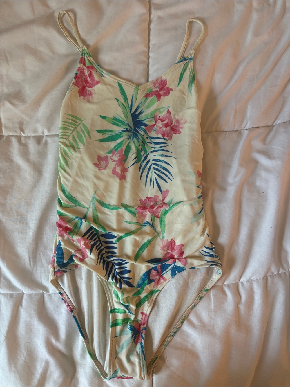Girls Floral Tropical One-Piece Swimsuit in Cream with Pink & Green Print